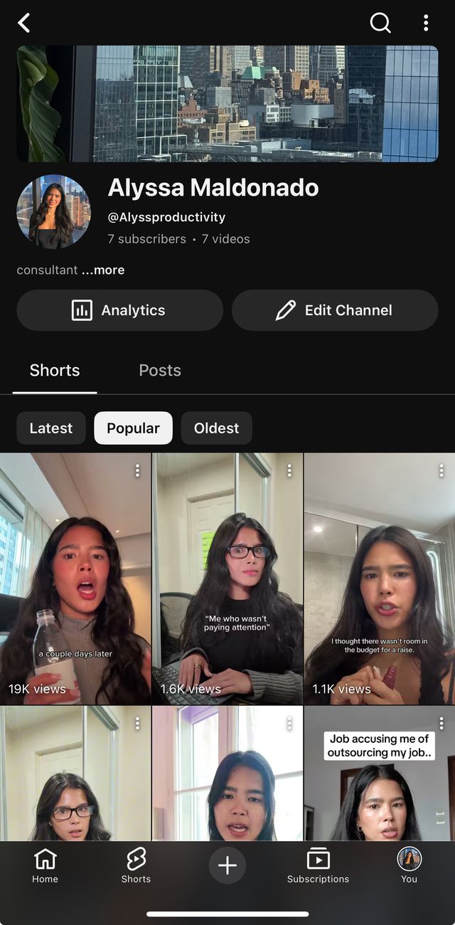 Alyssa's creator channel grown from zero, with shorts at 19K, 1.6K, and 1.1K views