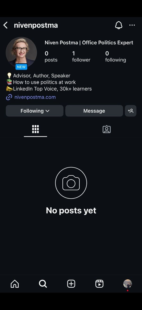 Before: Niven Postma's brand new Instagram at 0 posts and 1 follower