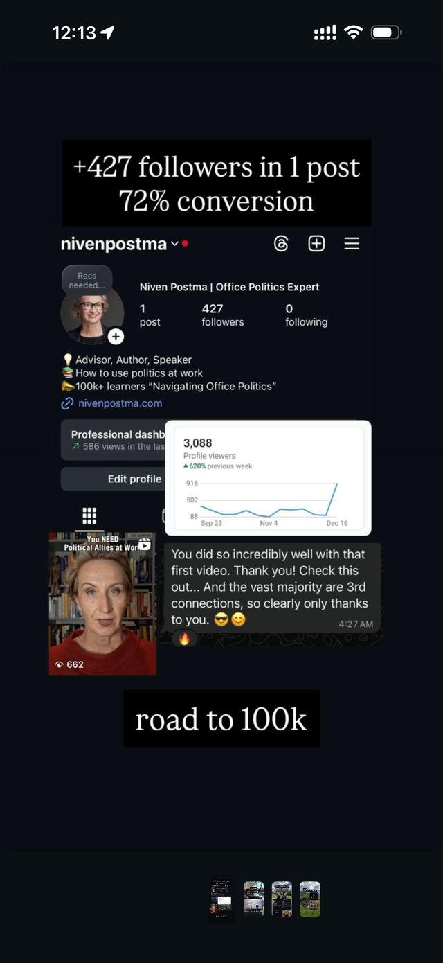 Niven's first post results: 427 followers from one post at 72% conversion, LinkedIn profile viewers up 620% in a week