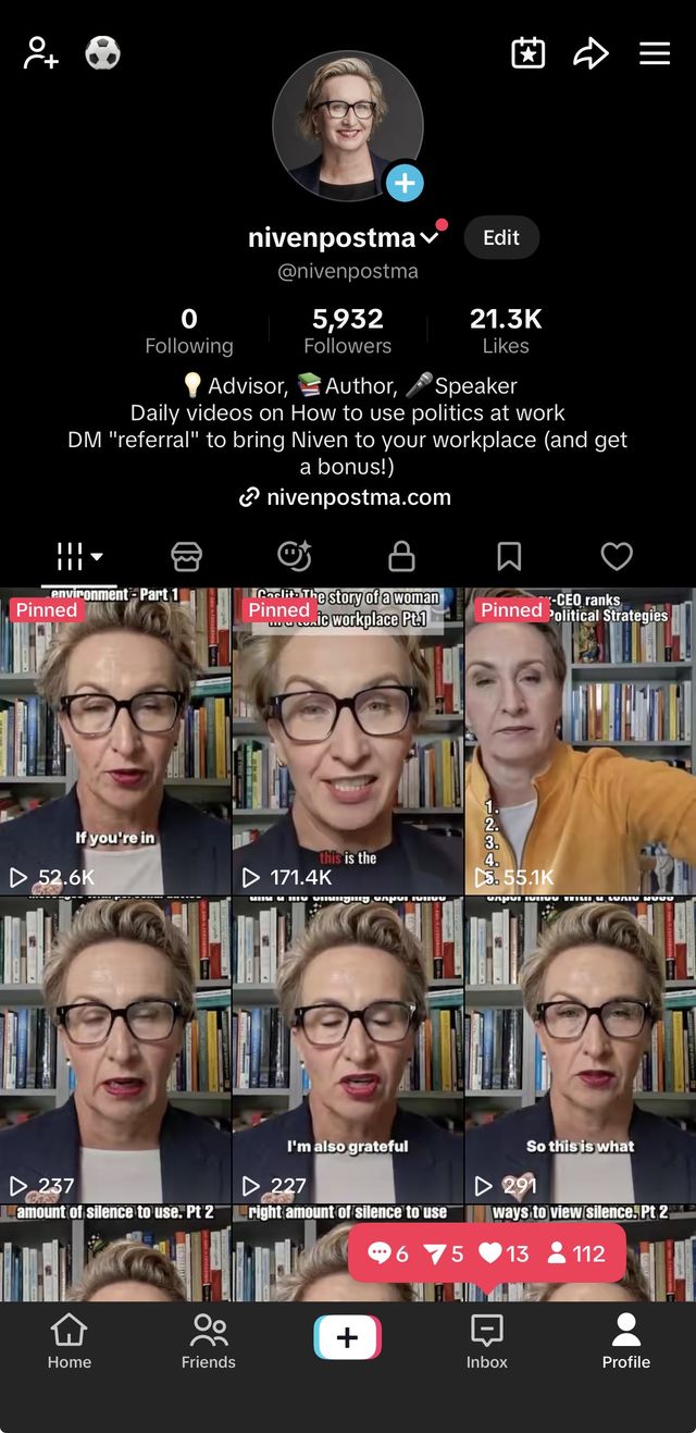 Niven Postma's TikTok with pinned videos at 171K, 55K, and 52K views